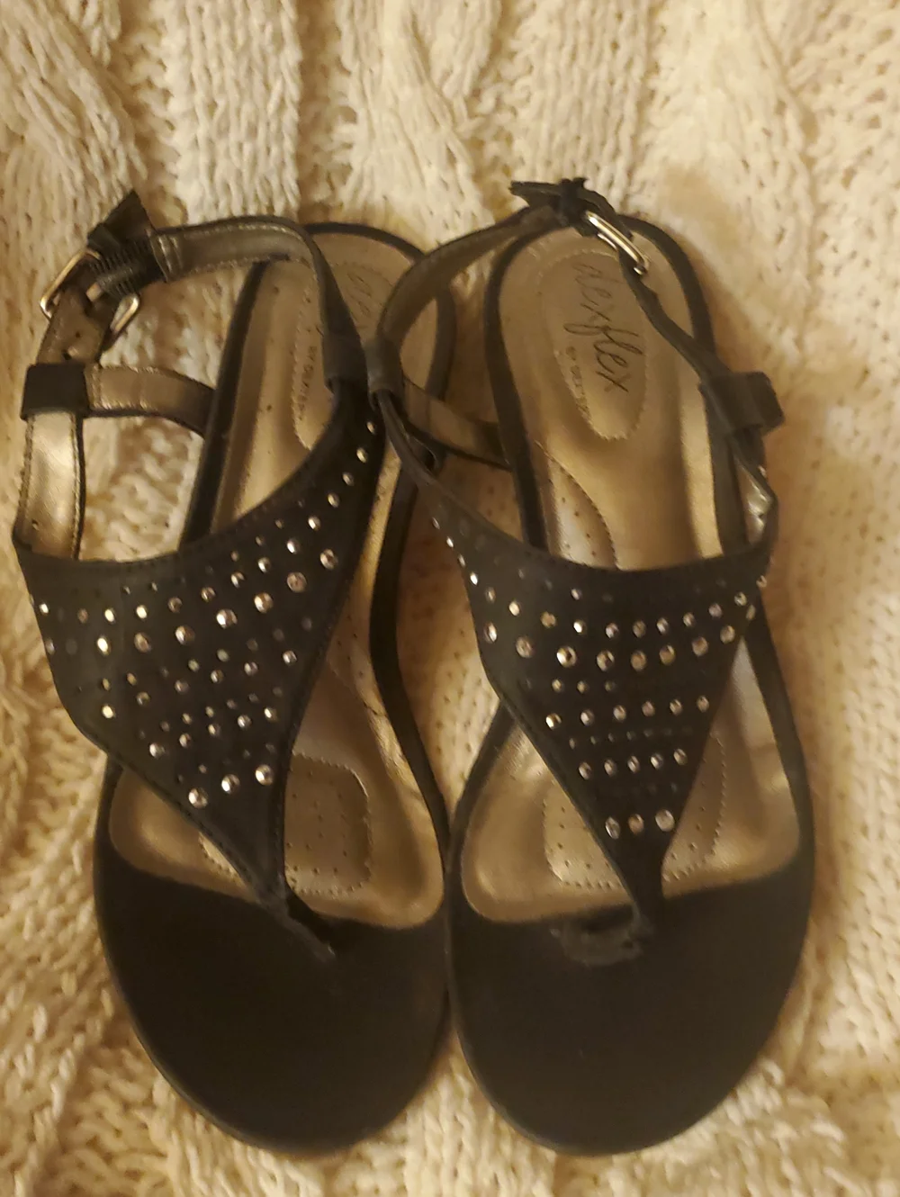 dexflex comfort Black Wedge Sandals with Stud Accents